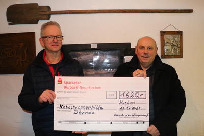 Bild vergr��ern: Fredi Becker (l.) und Matthias Moss freuen sich, im Namen des Heimatvereins 1620 Euro f�r die Opfer der Flutkatastrophe im Sommer spenden zu k�nnen.