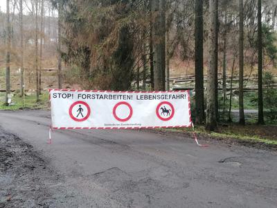 Bild vergr��ern: Die Zufahrt zum Wanderparkplatz ist gesperrt, hier werden in den kommenden Wochen umfangreiche Holzeinschlagsarbeiten durchgef�hrt.