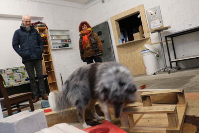 Bild vergr��ern: Sheltie-R�de Sami sucht nach einem verstecken Gegenstand. Nach wenigen Augenblicken wird er unter den Blicken von B�rgermeister Christoph Ewers und Hundetrainerin Uschi Loth f�ndig.