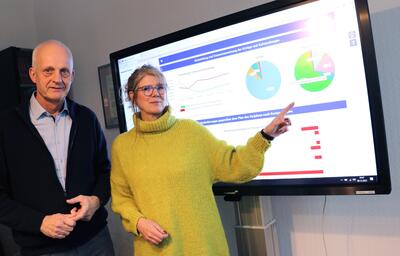 Bild vergr��ern: B�rgermeister Christoph Ewers und K�mmerin Kirsten Herr stellen den Burbacher Haushaltsplanentwurf 2024, der am Dienstag vom Rat verabschiedet werden soll.