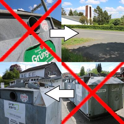Bild vergr��ern: Die Glasscontainer in Lippe stehen k�nftig am Parkplatz oberhalb des Friedhofs (obere Fotos), in L�tzeln gibt es nur noch einen zentralen Sammelplatz am Feuerwehrger�tehaus (untere Fotos).