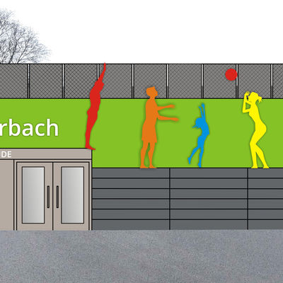 Bild vergr��ern: Ein gr�ner Akzentstreifen ziert zuk�nftig die Fassade des Technik- und Umkleidegeb�udes.