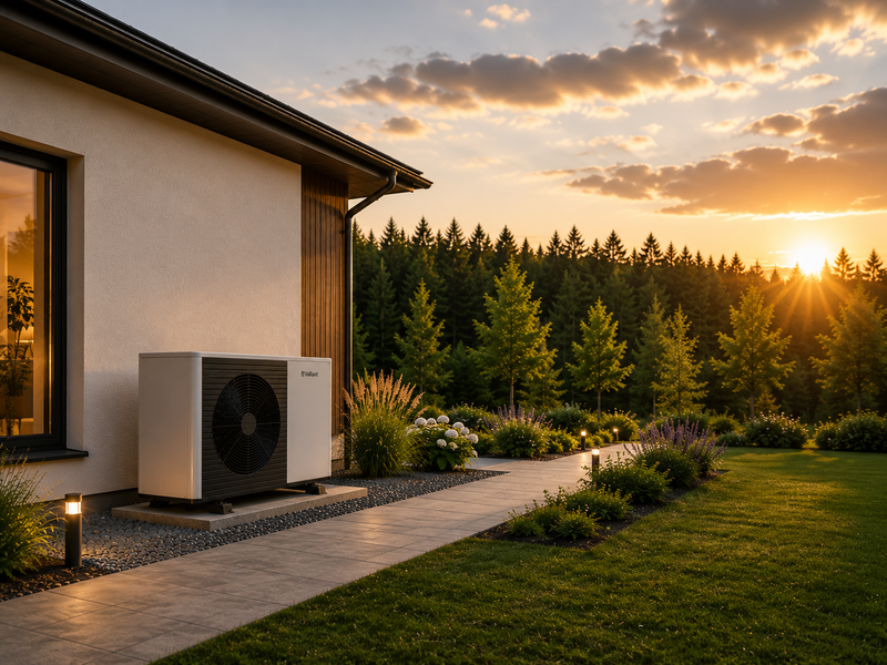Neubau mit W&auml;rmepumpe in der Abendd&auml;mmerung